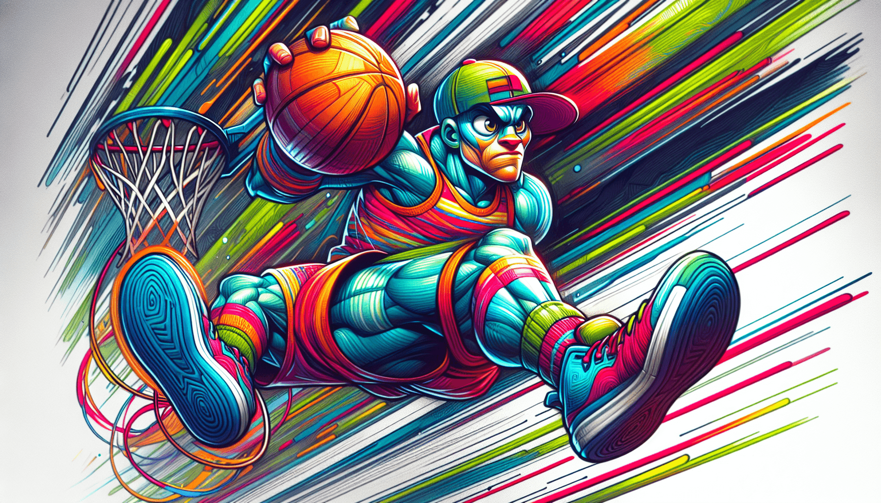Cartoon character performing basketball dunk