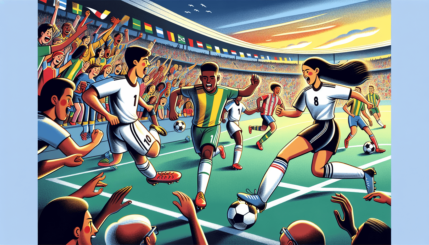 Cartoonish soccer match scene